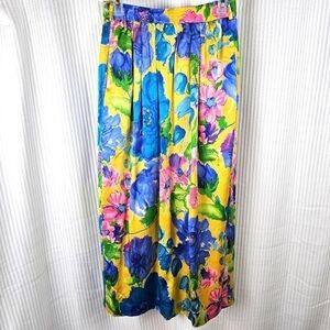 Ann May VTG‎ 100% Silk Spring Floral Elastic Waist Maxi Skirt Size 4 Cottagecore
